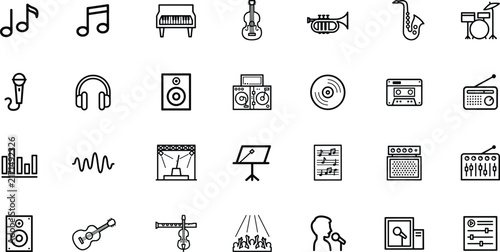 Set of black and white music and audio equipment line