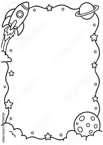 Space theme page border frame featuring rocket ship stars planets and cute cosmic elements for kids educational coloring book activities
