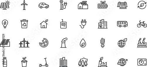 Set of black and white sustainability and green energy line
