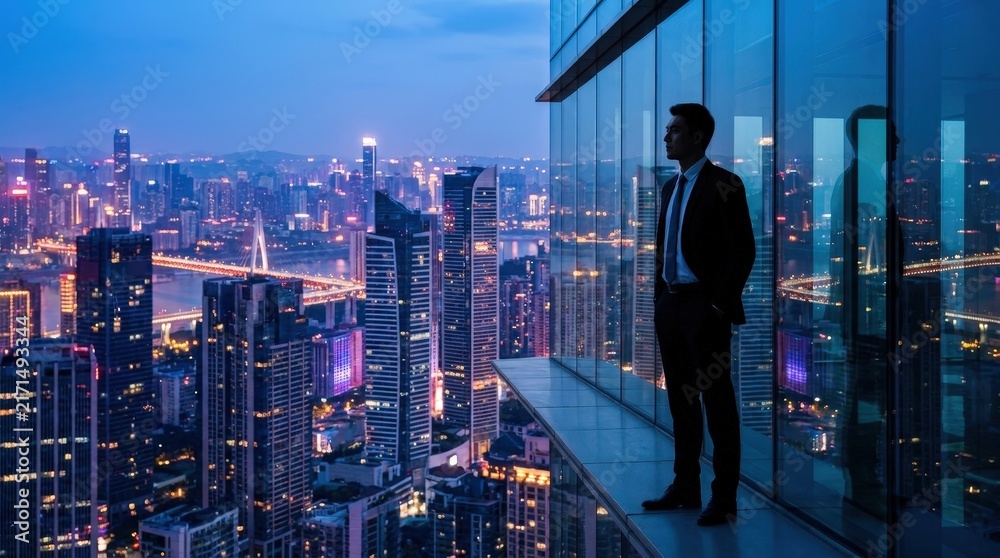 Fototapeta premium Businessman Looking Over City at Night