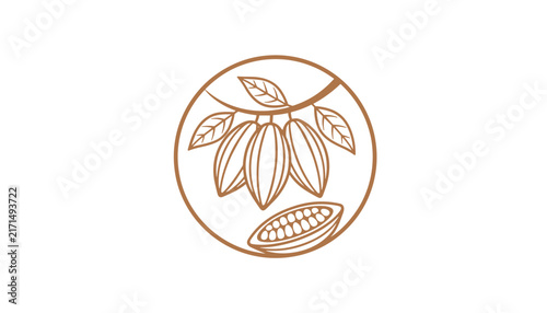 Elegant circular line art logo features a branch with ripe cacao pods and a single cut cocoa bean pod placed below.