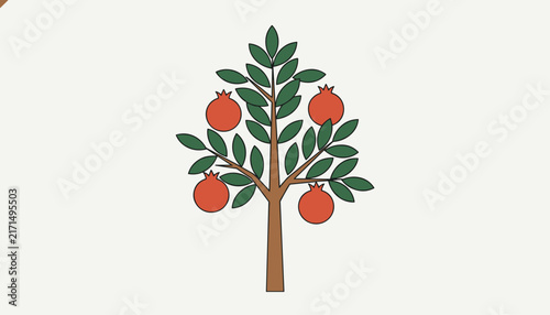 Stylized pomegranate tree with green leaves and four ripe red fruits on a light cream background representing harvest.