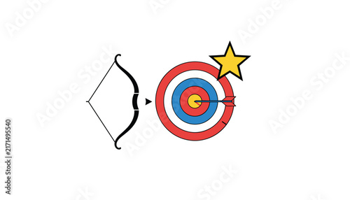 Archery target with an arrow in the bullseye next to a black bow and a yellow star on a clean white background.