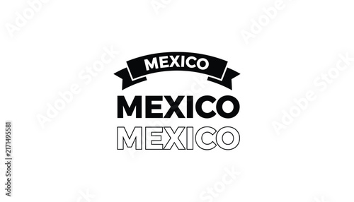 Word Mexico written in three different typography styles including bold, outline, and black ribbon designs on white.