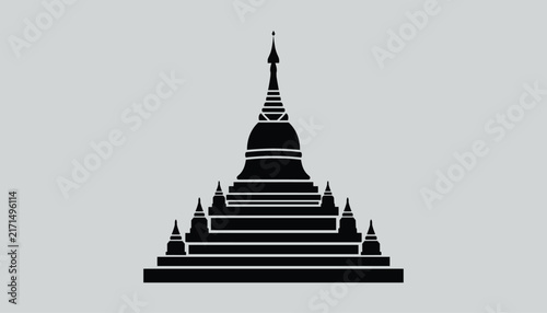 Black silhouette of a traditional Buddhist pagoda stupa temple landmark on a grey background representing asia.