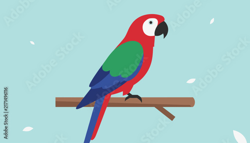 Brightly colored macaw parrot perched on a branch against a soft blue sky background with falling green leaves.