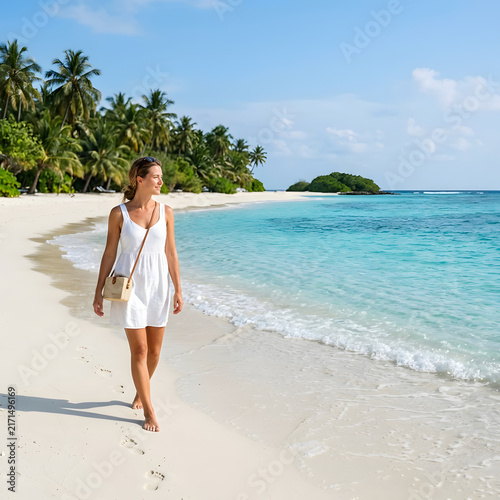 Woman walking along sandy beach with palm trees