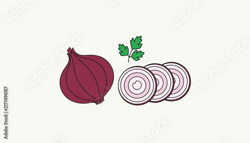 Red onion whole and sliced into rings with a small green parsley sprig on a plain off-white background for cooking.