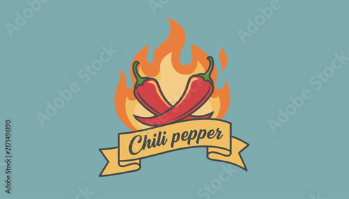 Two crossed red hot chili peppers with orange flames and a yellow ribbon banner reading chili pepper in cursive.