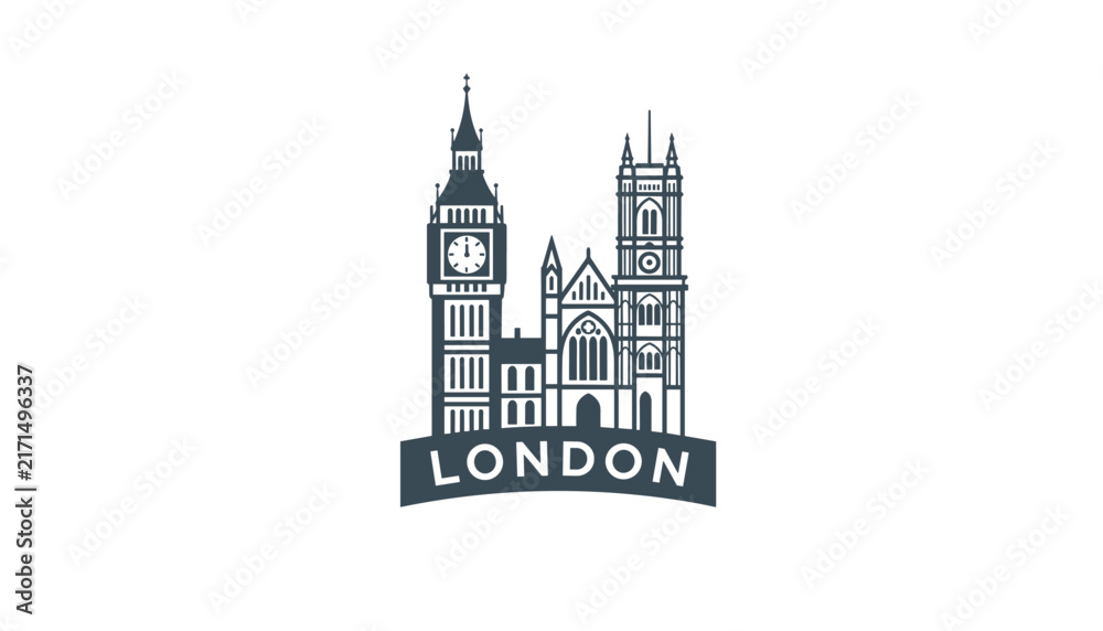 Fototapeta premium Dark grey landmark silhouette of Big Ben and Westminster Abbey with London text banner at the bottom on white background.