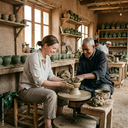 People making pottery in a rustic studio