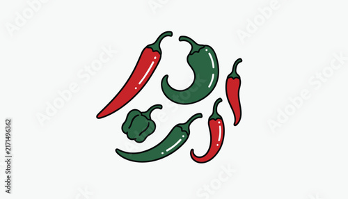 Selection of fresh red and green chili peppers and a small bell pepper arranged in a circle on white background.