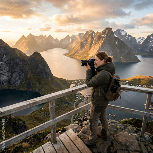 Female photographer capturing landscape view from mountain overlook