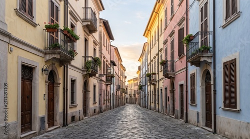 Narrow Cobblestone Street in a Picturesque European Town Featuring Colorful Pastel Buildings with Traditional Balconies and Shutters at Sunset