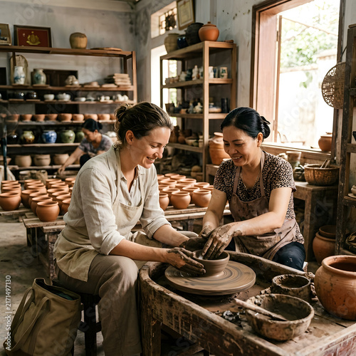 Women shaping pottery on a wheel in a rustic workshop