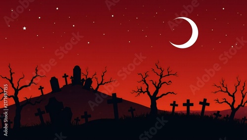 Spooky graveyard with tombstones and bare trees under a bright crescent moon in a dark red night sky