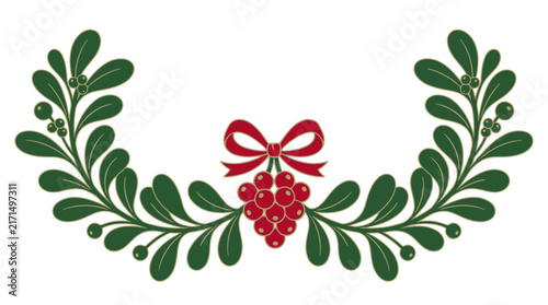 Elegant Christmas mistletoe and Holly frame with red berries bow, including decorative pine branch and poinsettia floral botanical winter ornament