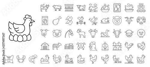 Farm animals poultry livestock outline icons set featuring hen rooster pig cow and sheep