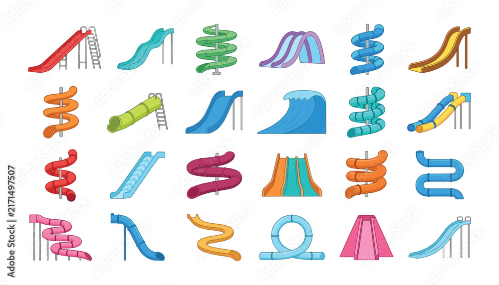 Fototapeta premium Colorful Water Slide Icon Set with Diverse Aquapark Chutes, Spiral Tubes, Waves, and Fun Splash Trajectories for Summer Pool Resort Graphic Designs