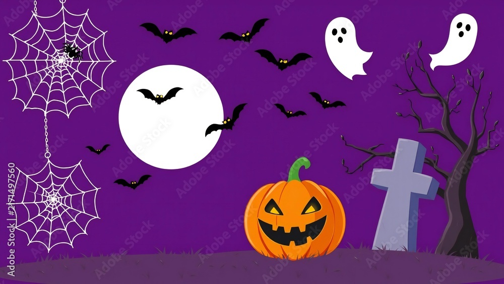 Fototapeta premium Halloween scene with pumpkin bats ghosts spider webs and full moon on purple background