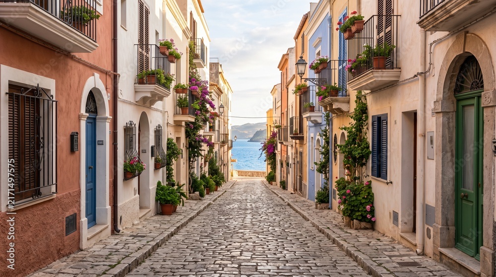 Fototapeta premium Picturesque cobblestone street in a traditional Mediterranean coastal village with colorful houses and flower balconies leading to the blue sea.