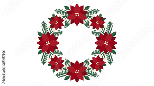 Festive Christmas wreath adorned with vibrant poinsettia flowers and lush pine branches, capturing the holiday spirit of holly and mistletoe for seasonal celebration