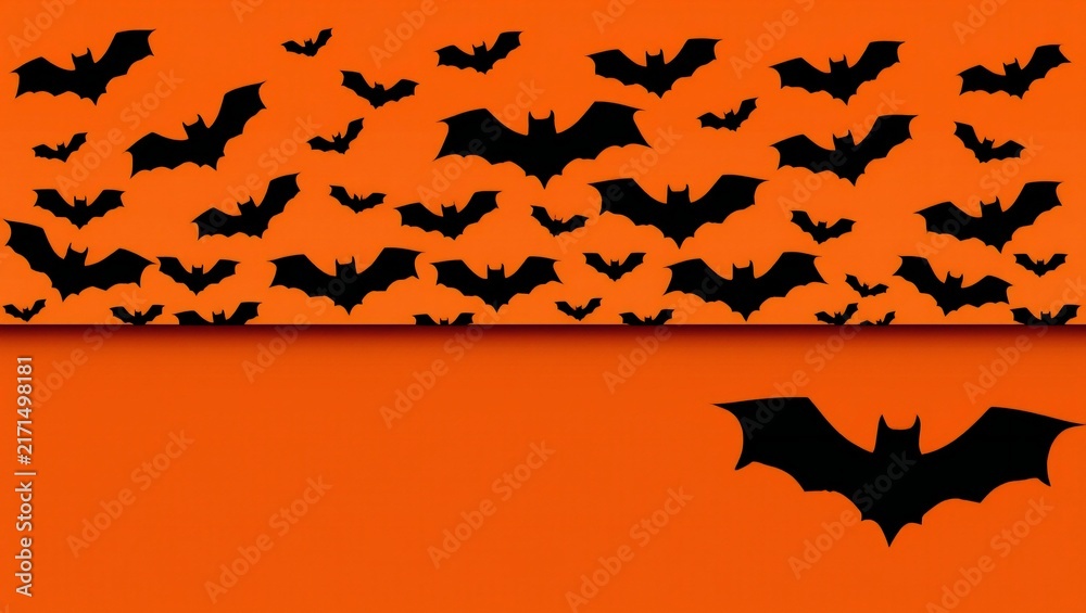 Fototapeta premium Many black bats flying in the dark night sky on a bright orange halloween background