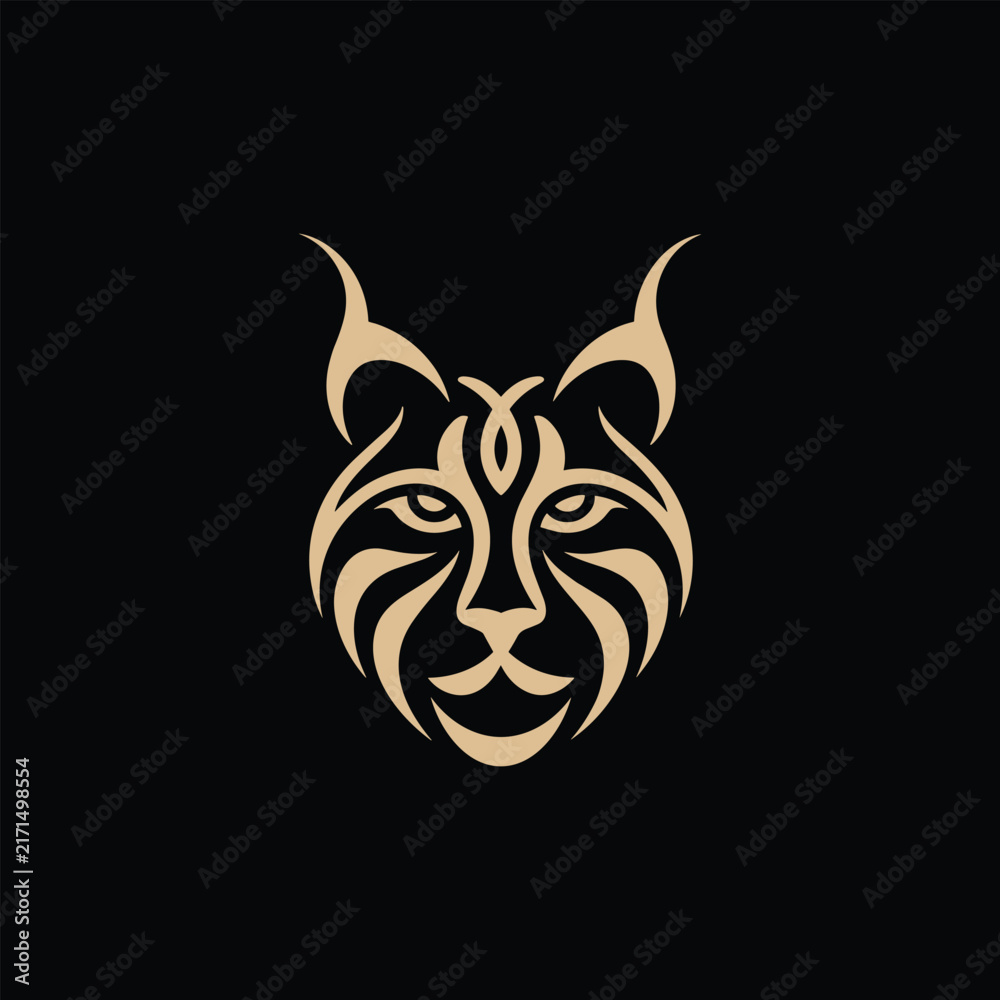 Fototapeta premium Golden lynx head logo vector icon, tribal wildcat or bobcat mascot line art