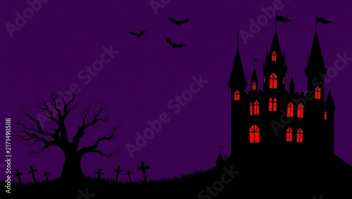 Spooky haunted castle with glowing red windows at night with bats and a dead tree in a graveyard