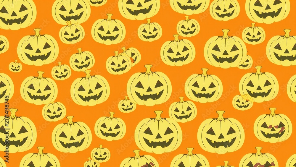 Seamless pattern with many scary halloween jack o lantern pumpkins on orange background
