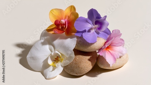 Elegant Arrangement of Colorful Orchids on Smooth Stones for Nature and Wellness Themes