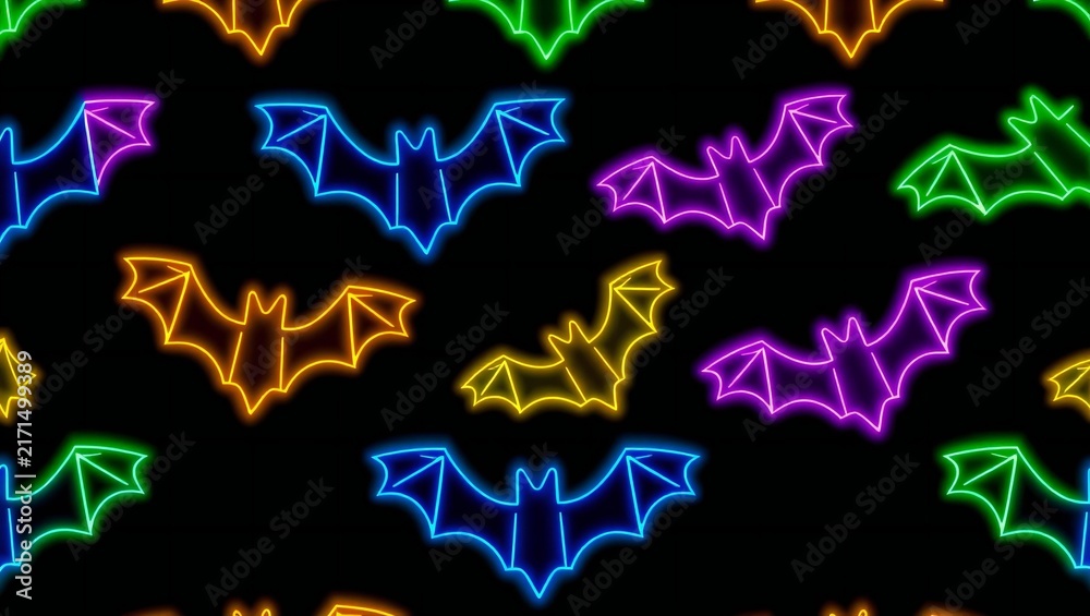 Seamless pattern with colorful glowing neon bats on a dark background for halloween celebration