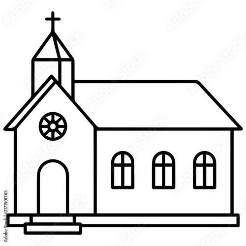 Minimalist line art vector illustration of a simple church building with a cross building christian