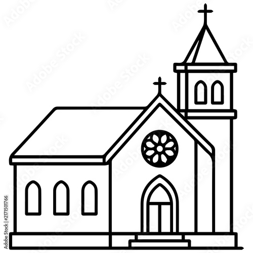Line drawing of a classic church building featuring a tall steeple and cross building religion christian