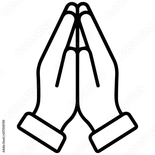 Minimalist black and white line art illustration of praying hands gesture with religion, spirituality