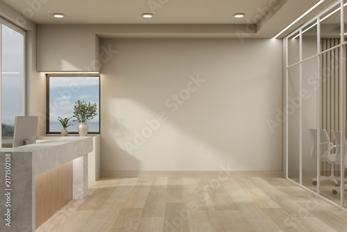 Modern Office Reception Lobby with Blank Wall Mockup and Glass Meeting Room
