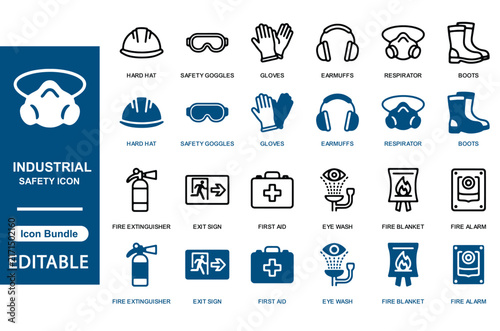 Collection of industrial safety icons depicting protective gear and emergency equipment