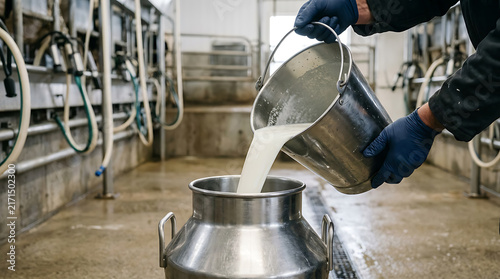 Worker Pouring Freshly Milked Raw Dairy Product into Traditional Can in Modern Milking Parlor for Agricultural Content