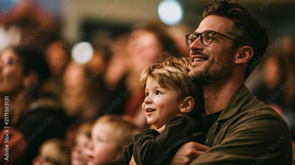 Obraz premium Father and Son Sharing a Joyful Moment at a Live Family Event