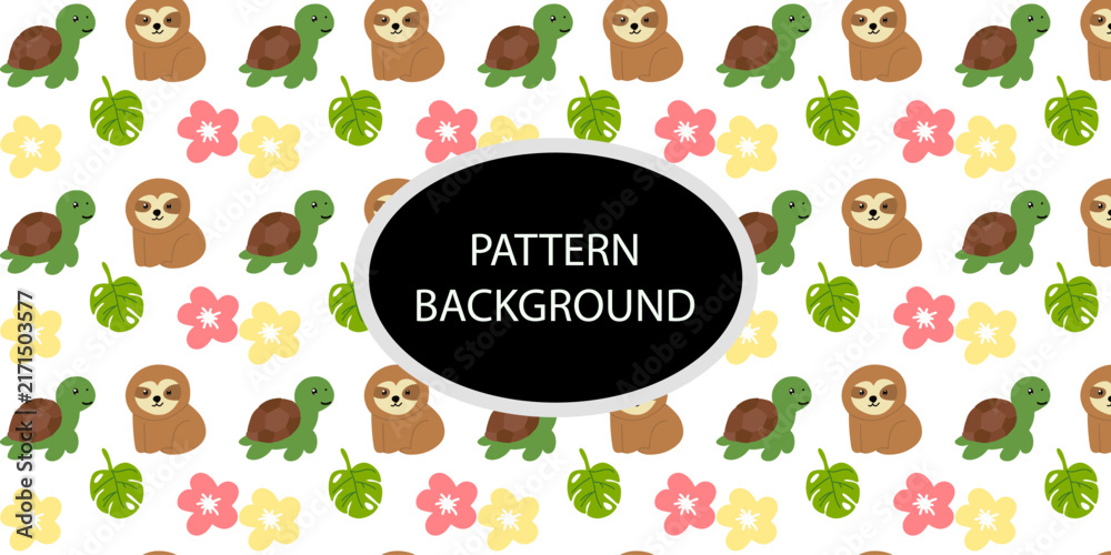 Obraz premium Tropical Pattern Background with Cute Sloths and Flamingos on White Wallpaper