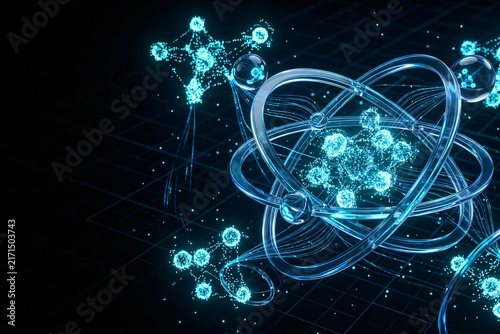 Atomic model structure with glowing cyan nucleus and orbiting electron rings