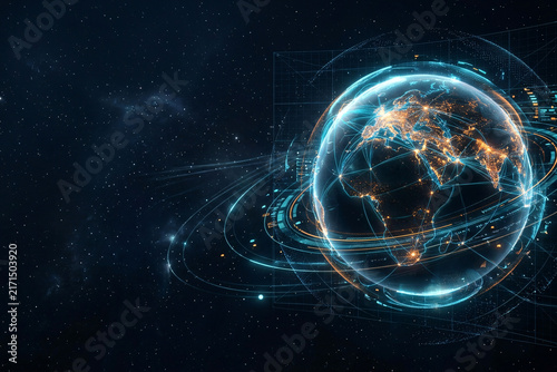 Dark globe sphere surrounded by glowing cyan network rings on dark space background