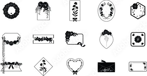 Black and white floral frames, wreaths, and decorative borders set