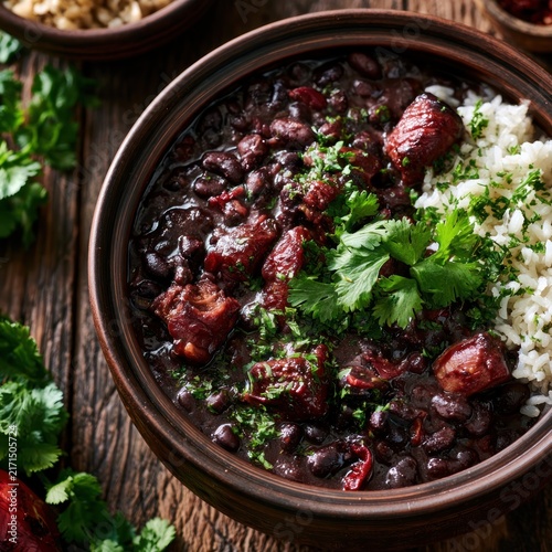Hearty black bean stew with rice and meat chunks in rustic bowl