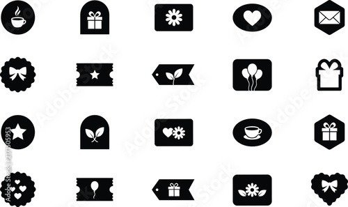Black and white set featuring gifts, hearts, flowers, and coffee