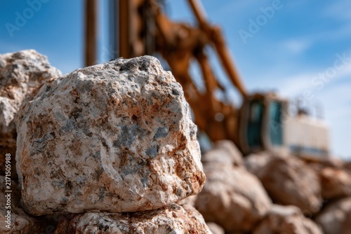 Close up of rough rocks in foreground with construction vehicle blurred in background