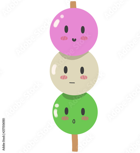 Cute Japanese dango sweet dumpling character on wooden skewer