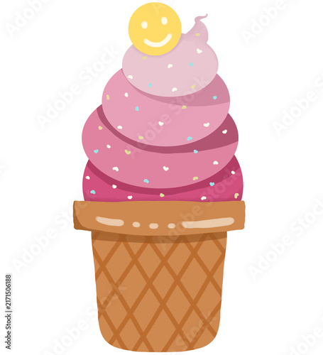 Cute pink strawberry ice cream waffle cone with smile icon