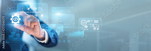 Bild auf Leinwand Senior dev hand-holds Software Development life cycles on network repos for new apps