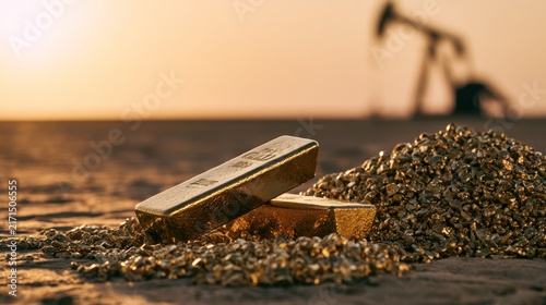 Gold bars and nuggets in desert with oil pumpjack at sunset